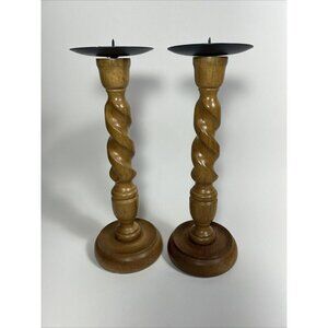Pair Of Hand Crafted Wood Twist Candle Holders